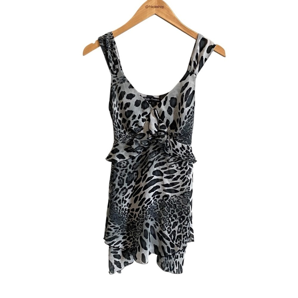 Y2k Sleeveless Ruffle Snow Leopard V Neck Chiffon Baby Doll top Size Small
